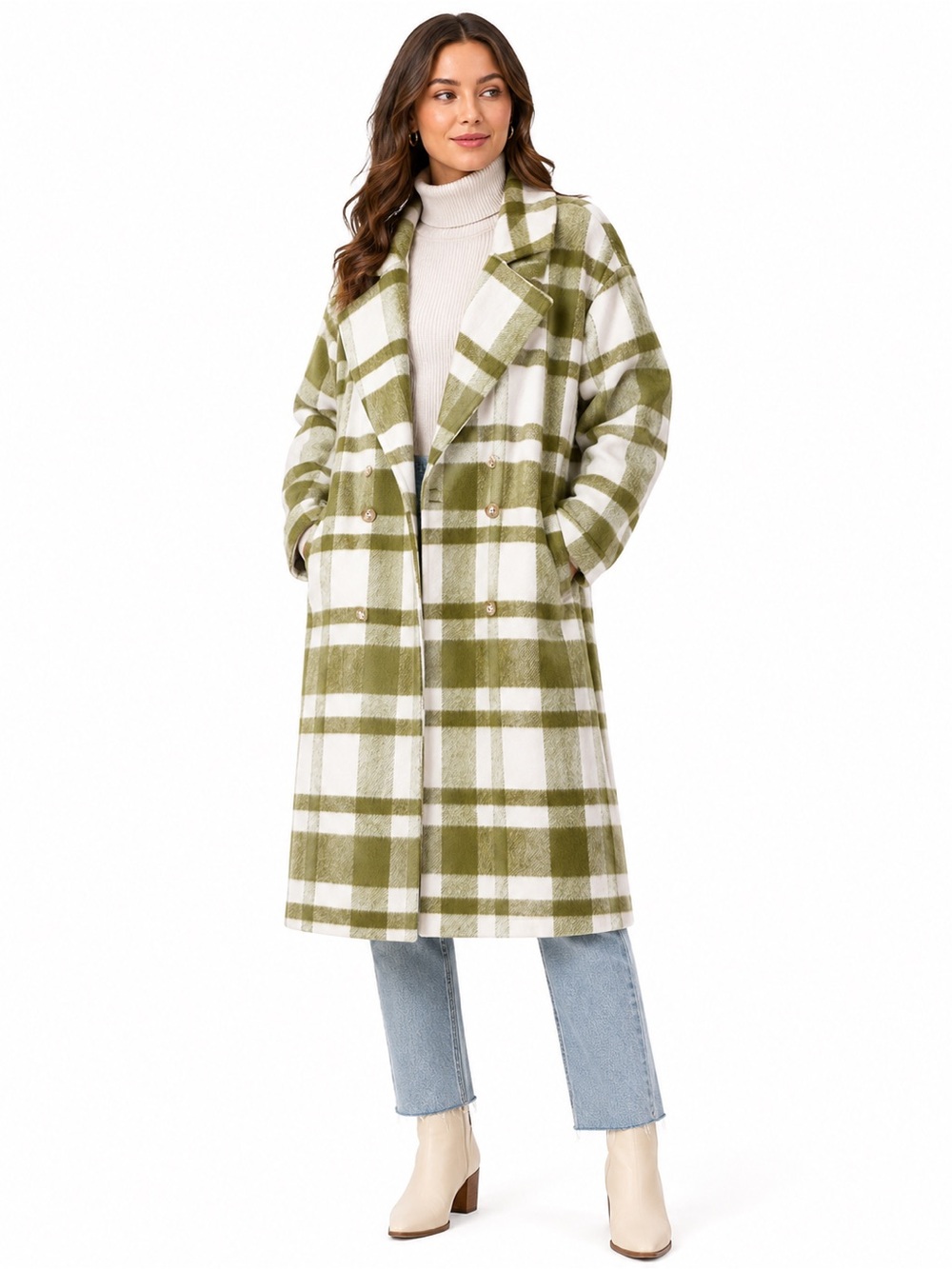 Le Lis Collection Women’s Plaid Long Coat Sage Green Ivory Double Breasted M NWT